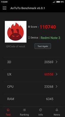 Extreme Custom Kernel with this Antutu redmi Xiaomi Note 3 PRO You Almost Equals iPhone 6s: 110 Thousand
