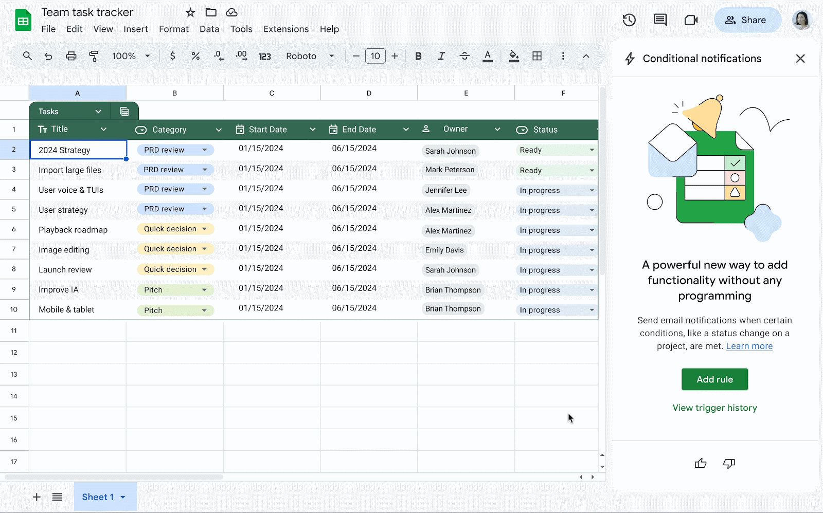 Adding a rule to set up Conditional notifications in Google Sheets