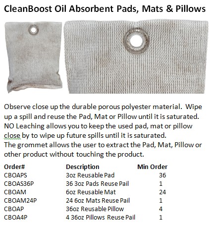 CLEANBOOST OIL ABSORBENT (CBOA) PADS, MATS & PILLOWS