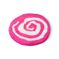 A more round pink and white swirled bubble roll that is giant on a bright background