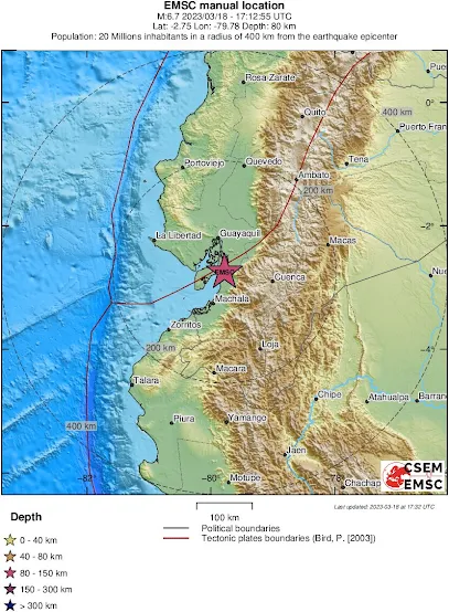 An earthquake of magnitude 6.9 hit the coast of Ecuador,  local time 12:12, Depth    80 km