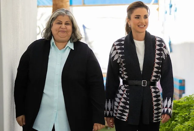 Queen Rania wore a new Argyle organic cashmere cardigan by Le Kasha. Alexander Wang tailored trackpants
