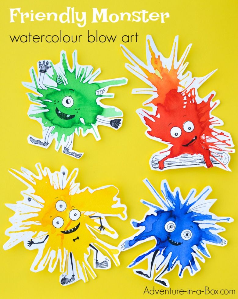 Monster watercolor blow art project for kids
