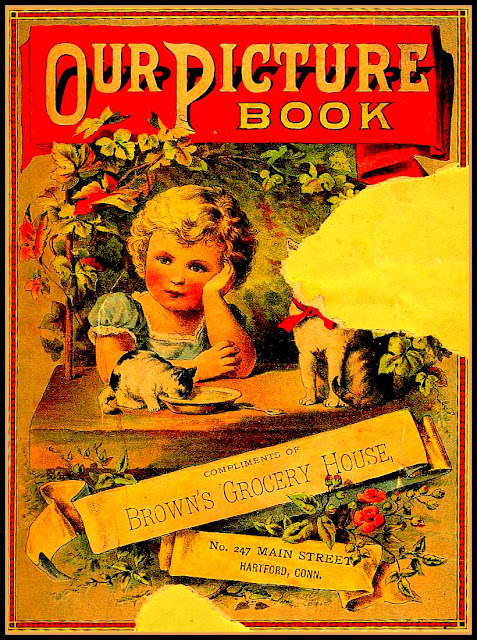 blond girl rests on left arm with kitten drinking from milk bowl in foreground; banner at top reads "Our Picture Book"