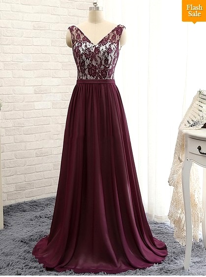 Coolest V-neck Chiffon with Lace Sweep Train Prom Dresses