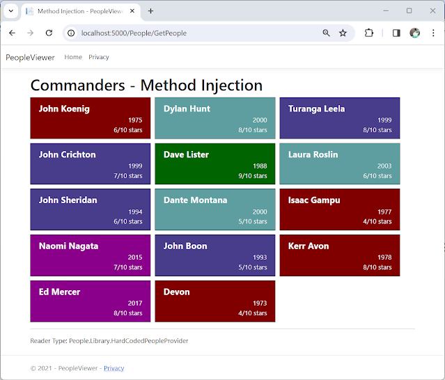 Web browser showing output of People objects in a grid. Example item is "John Koenig 1975 6/10 Stars"