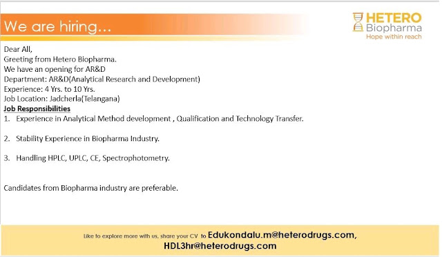 Job Availables, Hetero Biopharma Job Vacancy For AR& D Department
