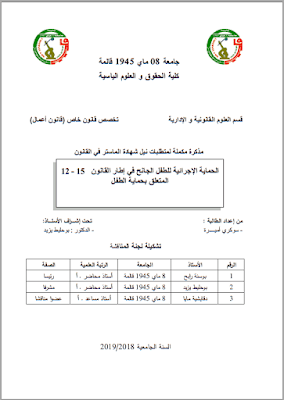 مذكرة ماستر: الحماية الإجرائية للطفل الجانح في إطار القانون 15-12 المتعلق بحماية الطفل PDF