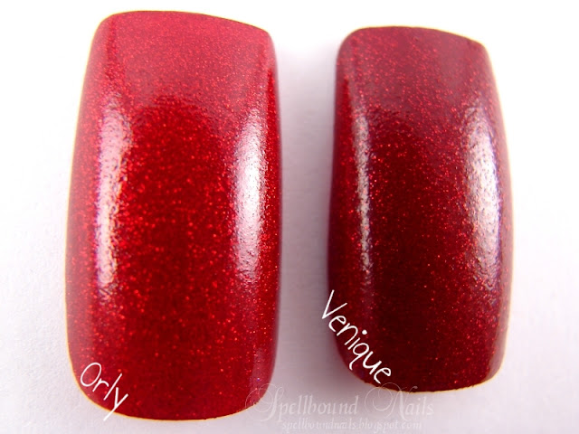 nails nailart nail art polish mani manicure Spellbound Venique Runway Sparkle shimmer glitter red deep dark Christmas holiday collection dupe Orly Star Spangled comparison color swatch three coats