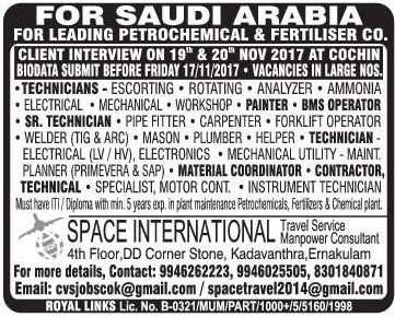 Leading Petrochemical & Fertiliser co Jobs for Saudi Arabia