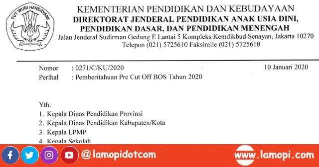 Surat Pemberitahuan Pre Cut Off BOS Triwulan 1 Tahun 2020