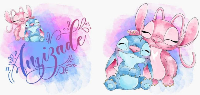Arte para caneca Stitch e Angel com frase de Amor e Amizade