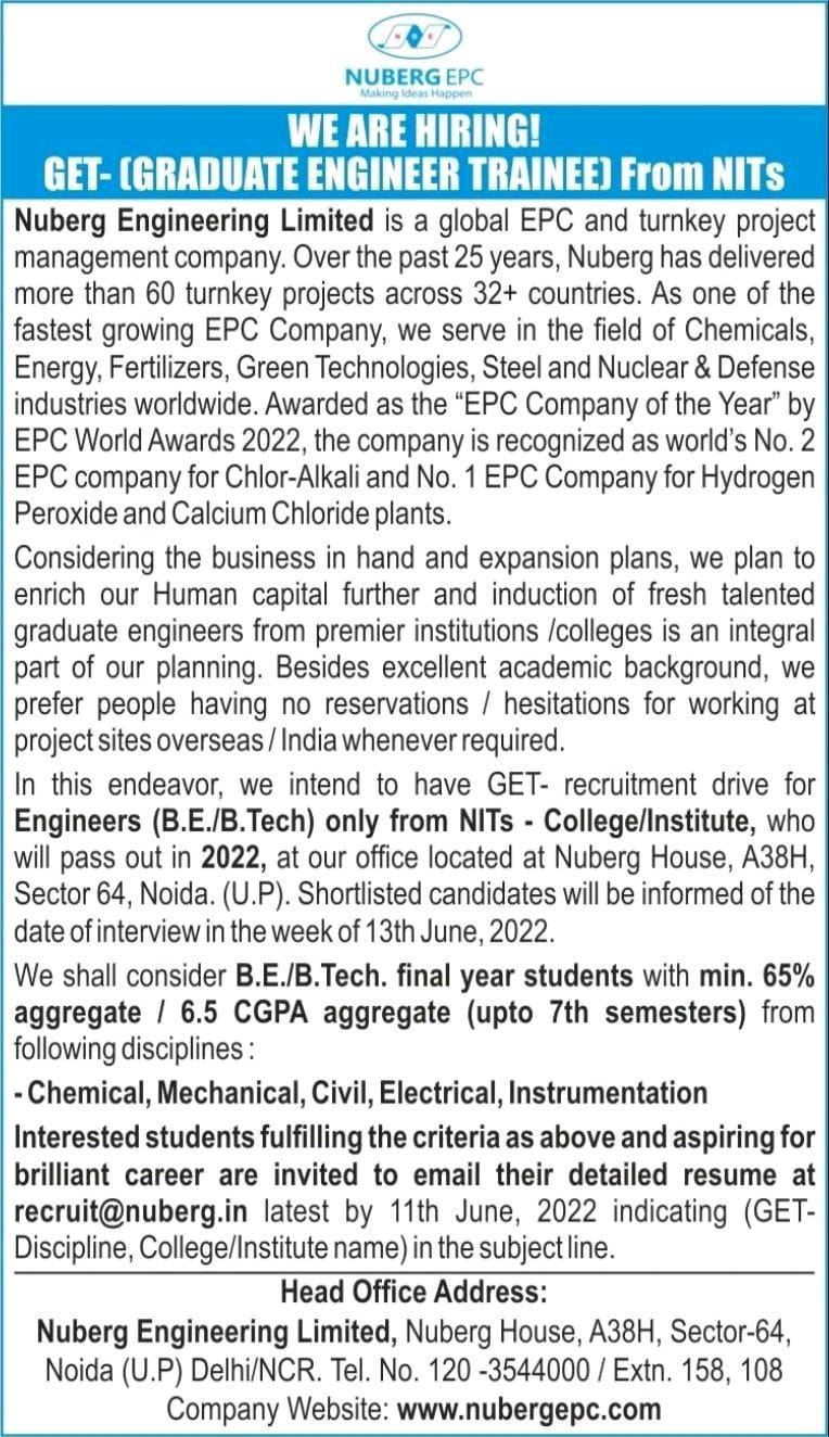 Job Available's for Nuberg Epc Ltd Job Vacancy for B.E/ B Tech