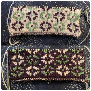 Collage of two photos - Top: An in progress sample of double-knitting on a white background with green and purple stylized flowers alternating. There are 5 flowers in each row and 2 and a half rows of the flower motifs. Bottom: The same as the top photo, but with a purple background and green and white flower motifs.