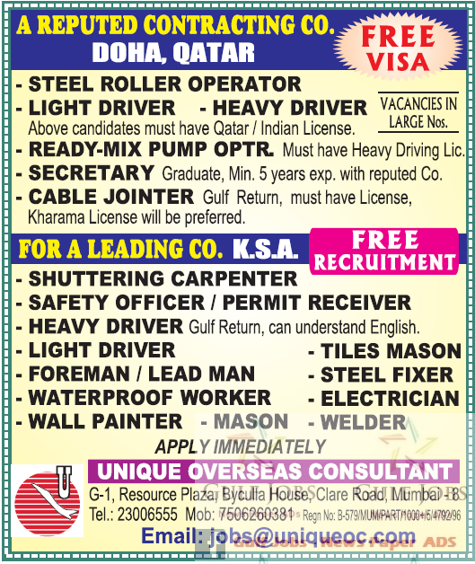 Reputed contracting co Jobs for Doha Qatar KSA Free Recruitment Free Visa