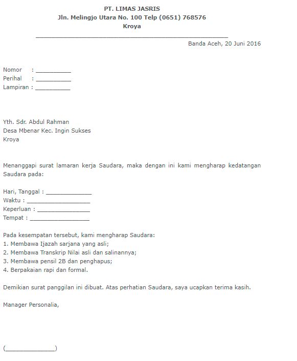 7+ Contoh Surat Panggilan Kerja yang Baik dan Benar  Woroanyar