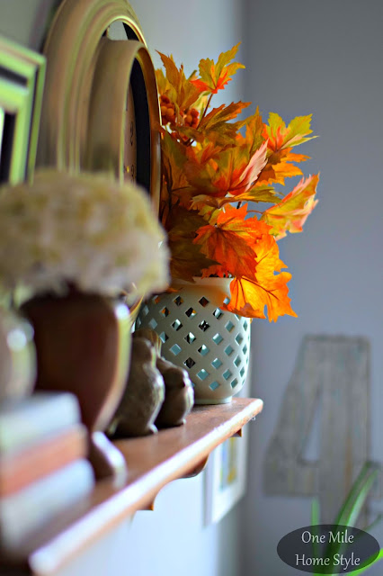 Fall Leaves Shelf Vignette - One Mile Home Style Fall Home Tour