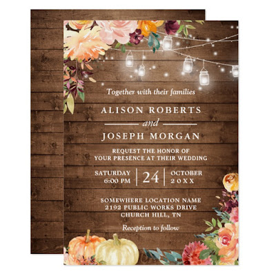  Autumn Rustic Floral Pumpkin String Lights Wedding Invitation