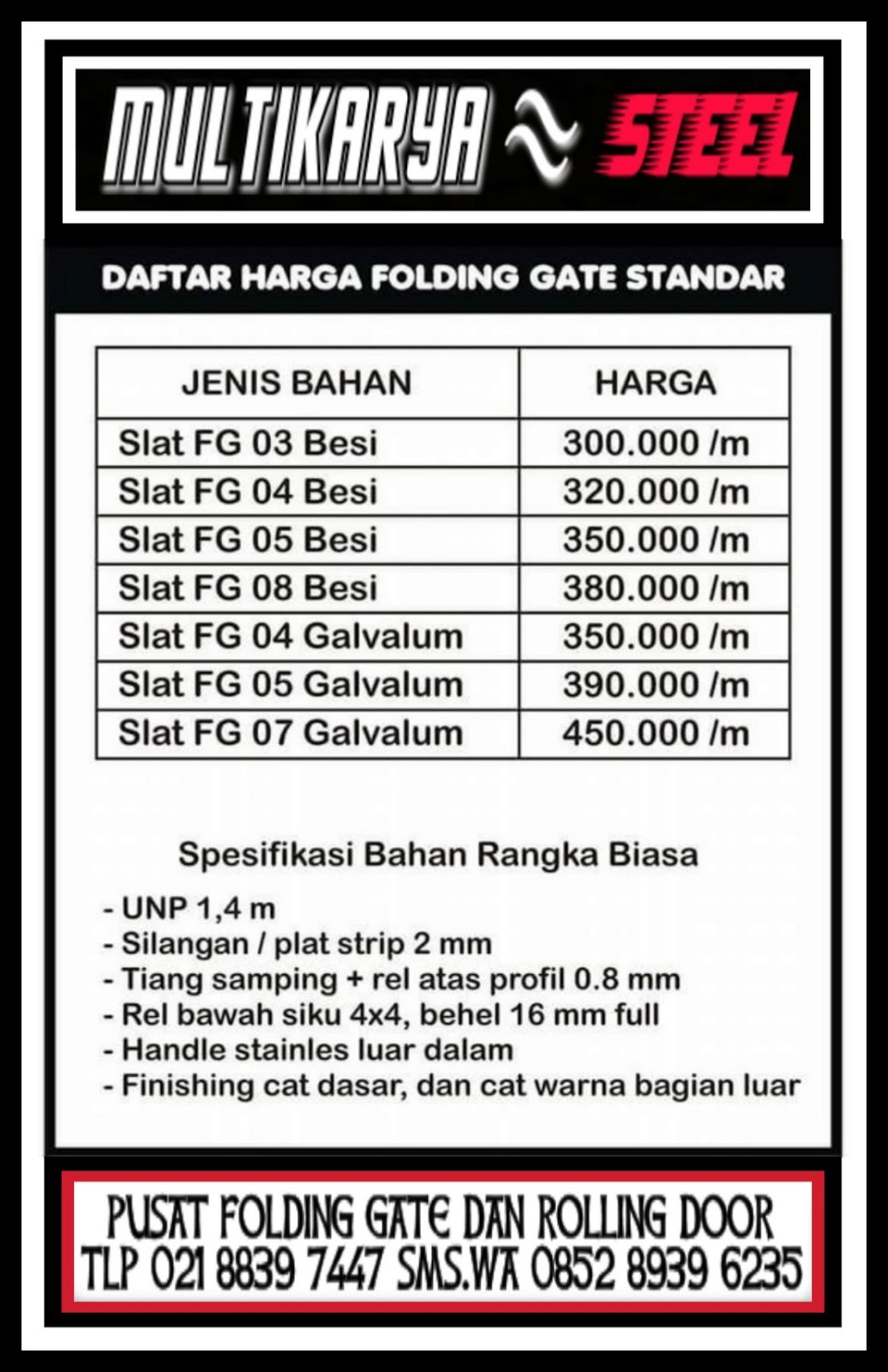 Daftar Harga Pintu Harmonika Bekasi Murah FOLDING GATE 