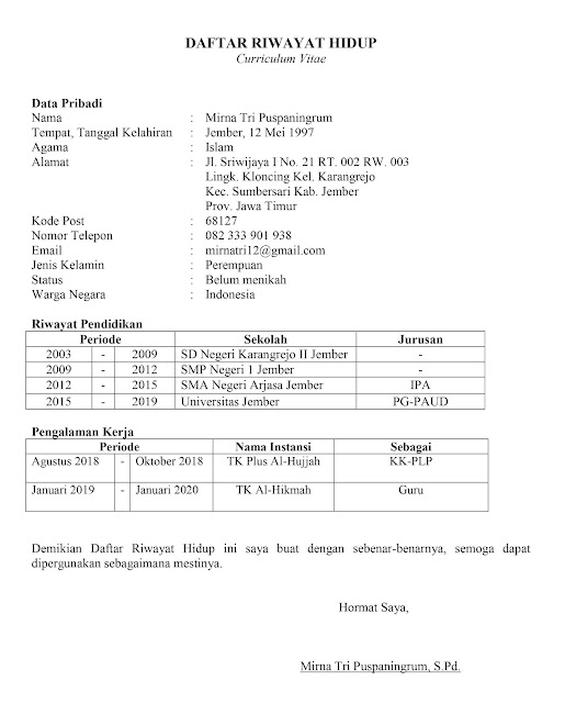 Contoh CV Daftar Riwayat Hidup Lamaran Kerja