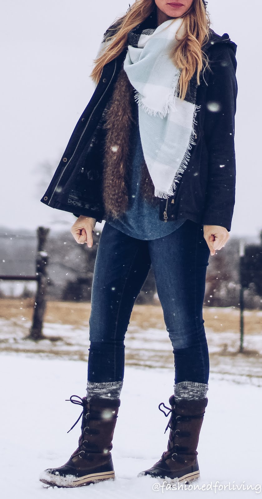 Fashioned For Living: snow day outfit - skinny jeans with blue utility  jacket and snow boots
