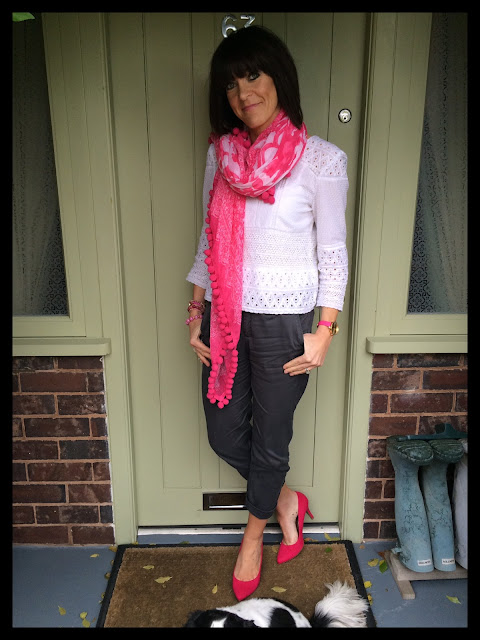 My Midlife Fashion, Lace top, pom pom scarf, chinos, hot pink, court shoes, zara, marks and spencer, Olivia Burton