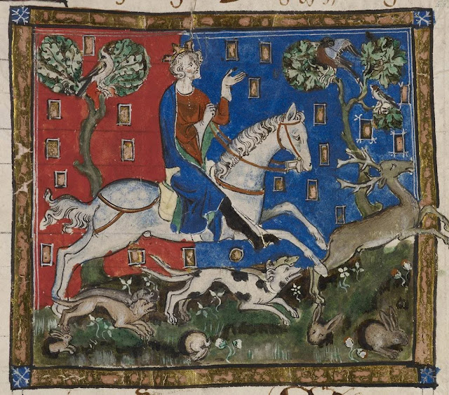 Ο βασιλιάς Ιωάννης κυνηγάει ένα ελάφι με κυνηγόσκυλα.