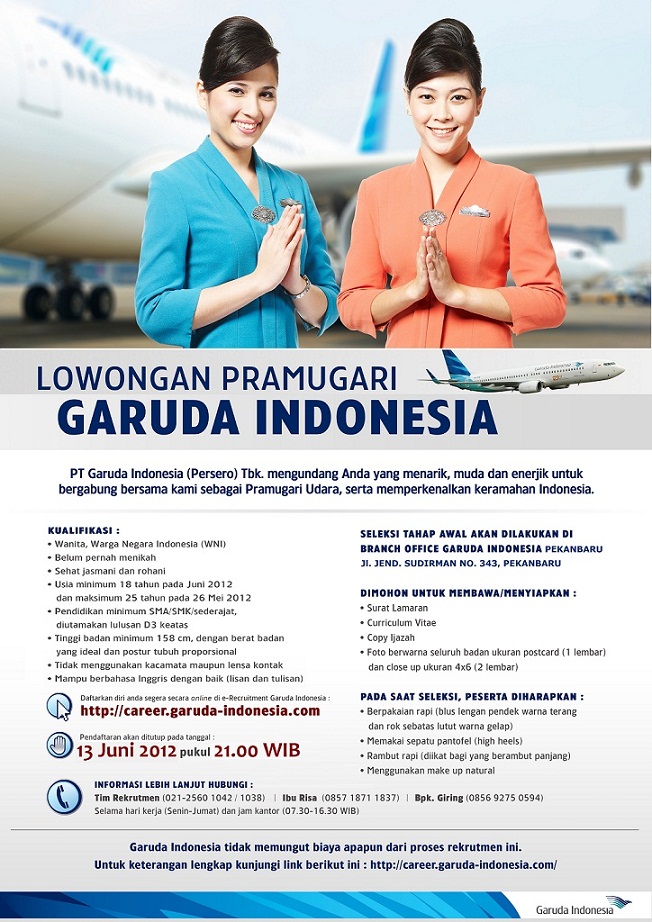  Lowongan Pramugari  Garuda Indonesia Deadline Juni 2012 