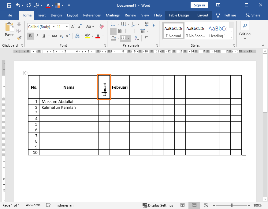 Membuat Teks / Tulisan Miring Vertikal pada Judul Kolom Tabel Microsoft Office Word