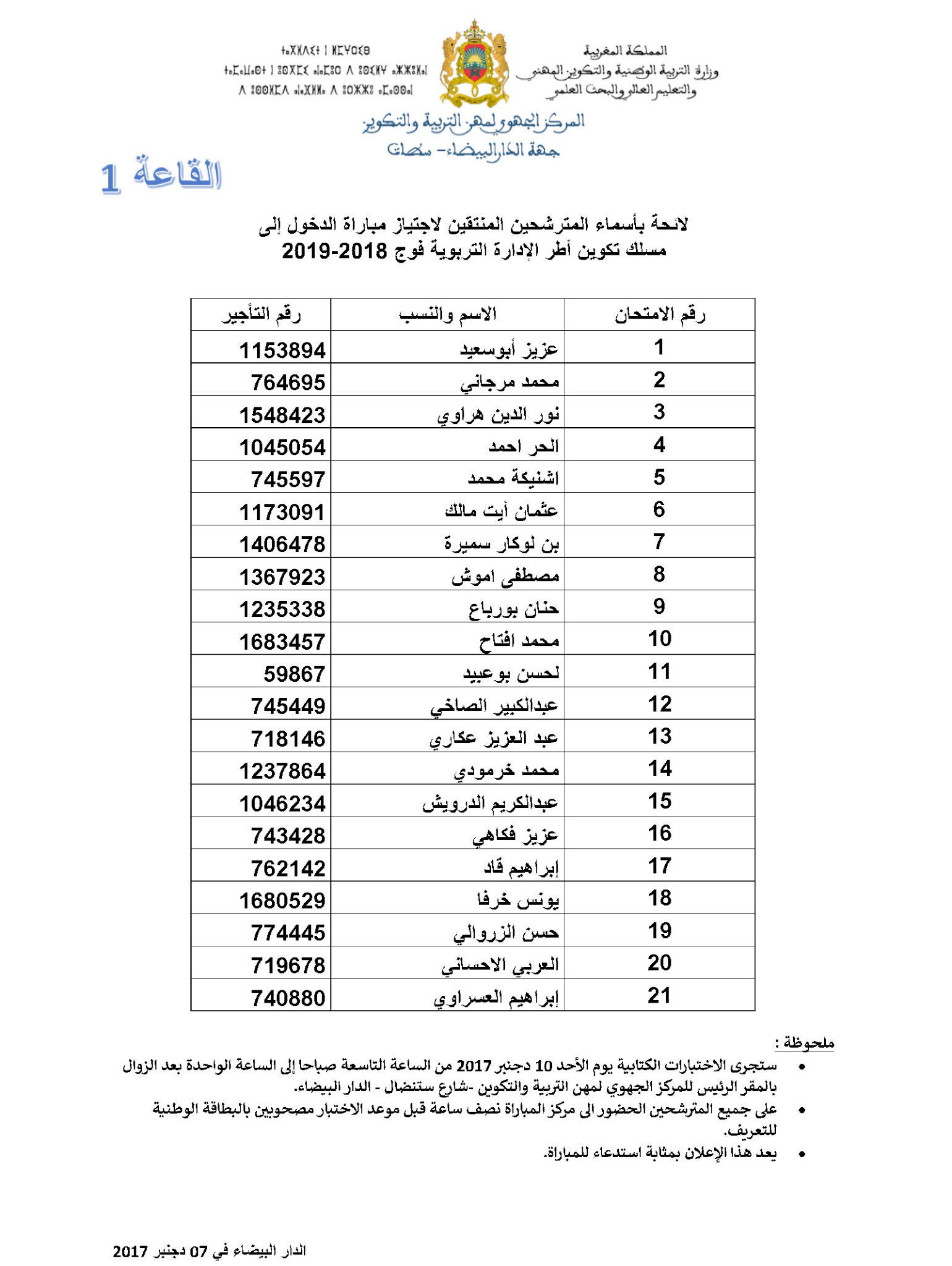 نتائج الإنتقاء الأولي لمباراة مسلك الإدارة التربوية لجهة الدار البيضاء سطات دورة دجنبر 2017