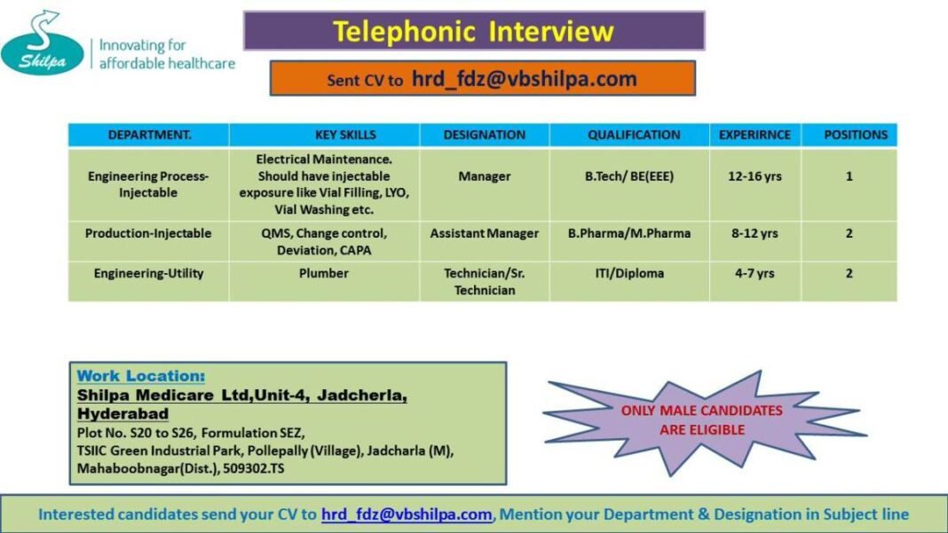 Job Availables, Shilpa Medicare Limited Telephonic Interview for Production Injectable, Engineering Process, Engineering Utility