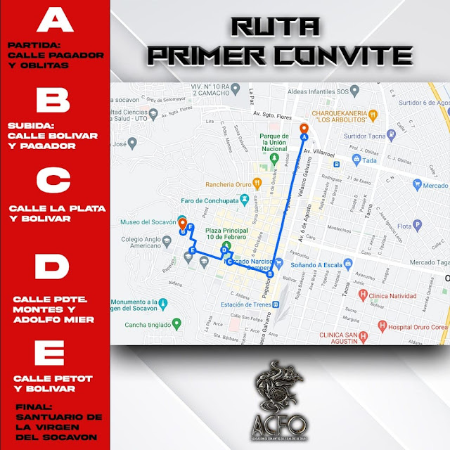 Mapa del recorrido del Primer Convite del Carnaval de Oruro