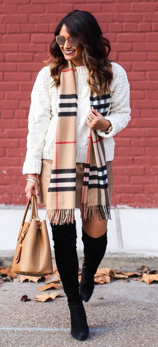what to weat with a scraf: white knit + skirt + bag + over the knee boots