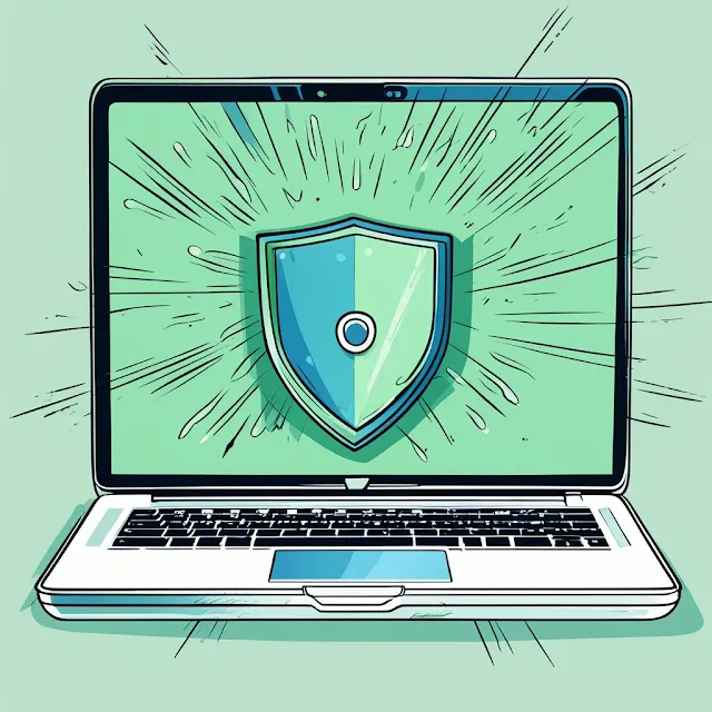 Privacidad web, laptop con escudo en pantalla, privacidad digital