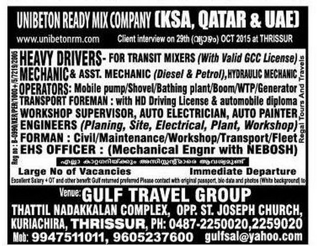 Ready Mix Company jobs for KSA, Qatar & UAE