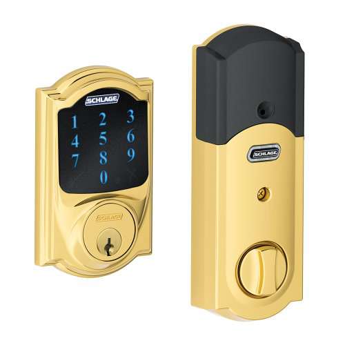 Schlage BE469NXCAM605 Camelot Touchscreen Deadbolt with Nexia Home Intelligence and Alarm, Bright Brass (Z-Wave)