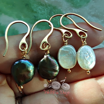 Wire wrapped coin and baroque pearl dangle earrings with vacuum plated stainless steel wire - in my palm