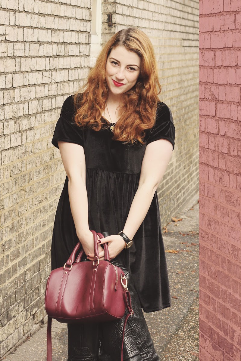 oxblood and velvet outfit