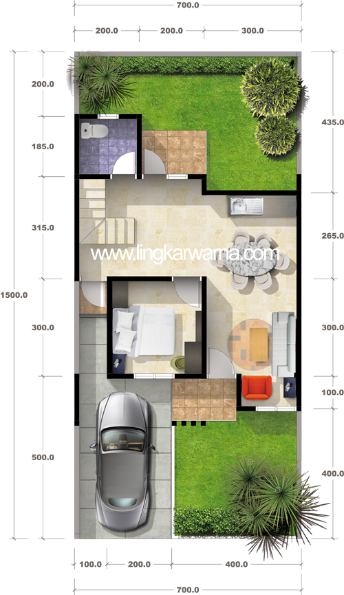 Denah rumah minimalis dua lantai di atas tanah 105m2
