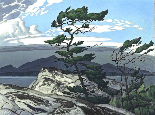 an A.J. Casson painting of trees and rock in wind