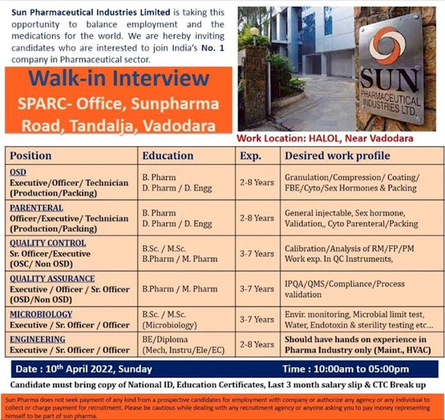 Walk-In Interviews for Production, Packing, Quality Assurance, Quality Control, Microbiology, Engineering on 10th Apr’ 2022 @ SUN PHARMA AndhraShakthi - Pharmacy Jobs