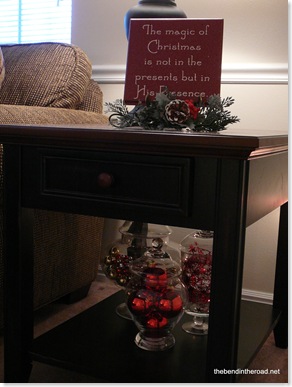 Christmas jars filled with doodads I got from around the house and my Christmas plaque