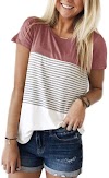 YunJey short sleeve round neck triple color block stripe T-shirt casual blouse,Red,Large
