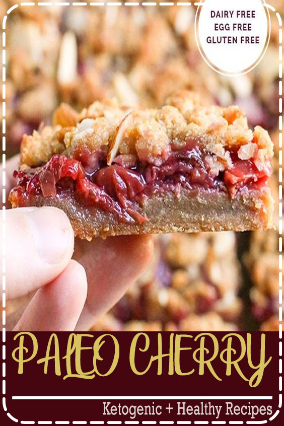 These Paleo Cherry Pie Crumb Bars are so simple and delicious! A thick shortbread crust, fresh fruit filling and irresistible crumb topping. These layered bars are vegan, gluten free, dairy free, and naturally sweetened. #vegan #glutenfree #dairyfree #naturallysweetened #healthy