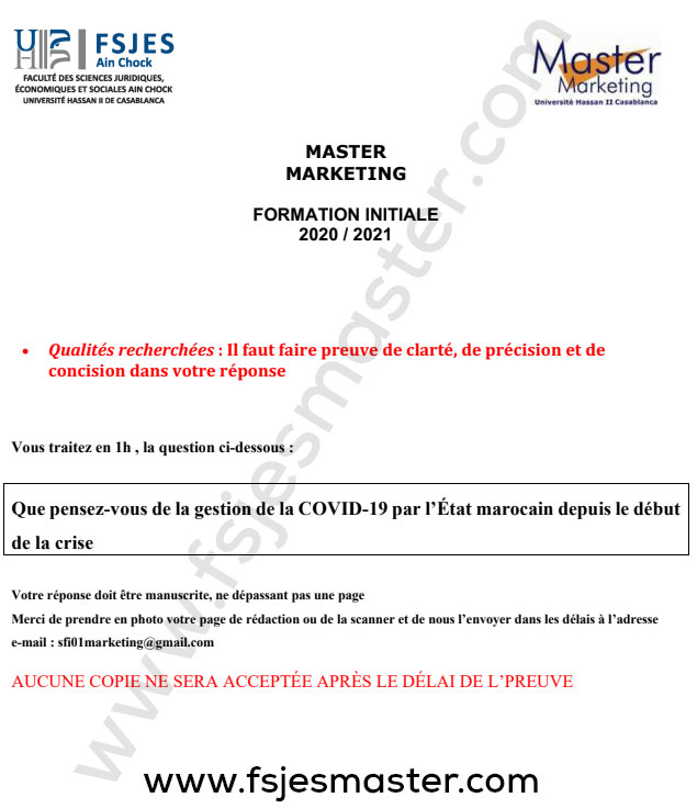 Exemple Concours Master Marketing 2020-2021 - Fsjes Ain Chock