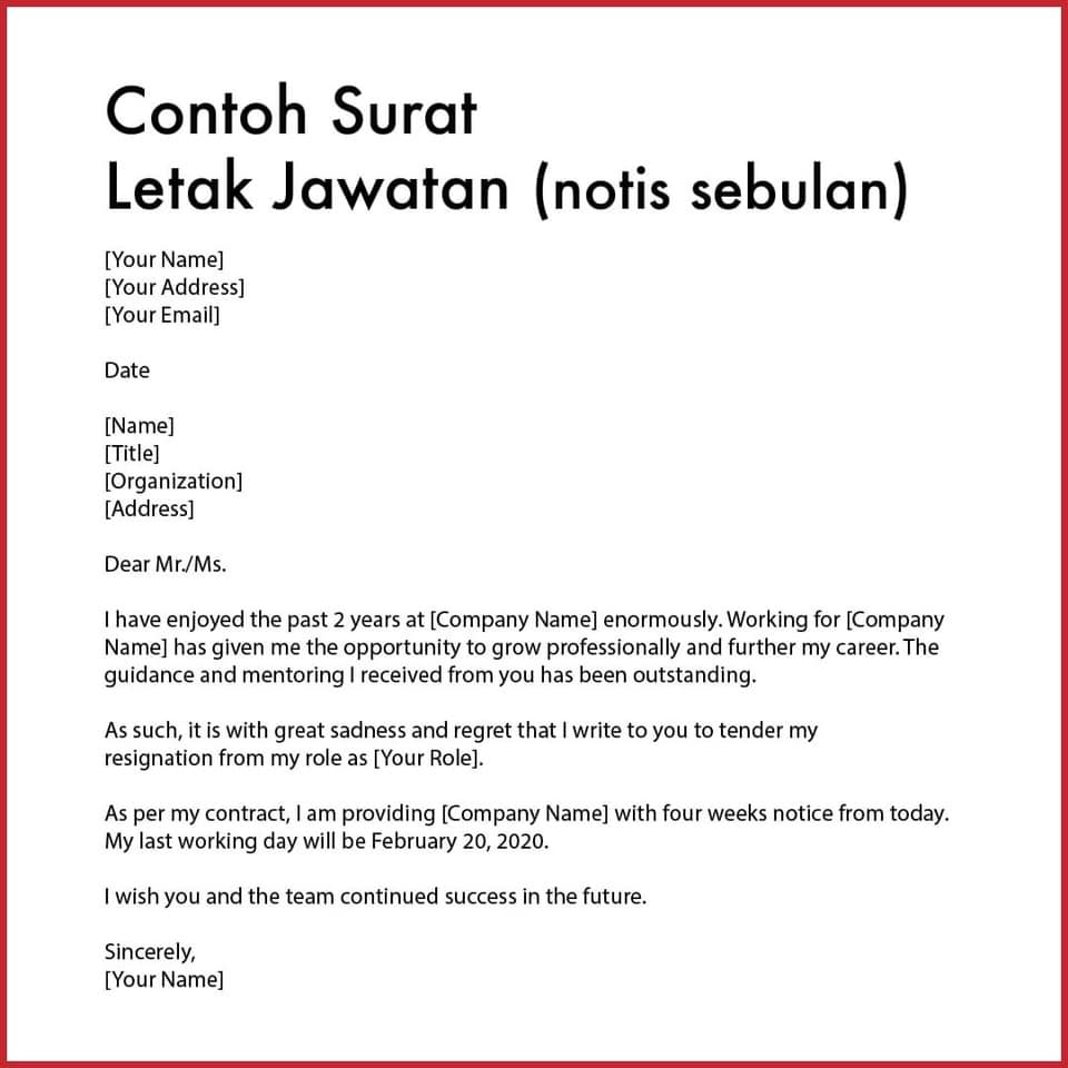 Contoh Surat Letak Jawatan Dalam Sebulan Bahasa Melayu