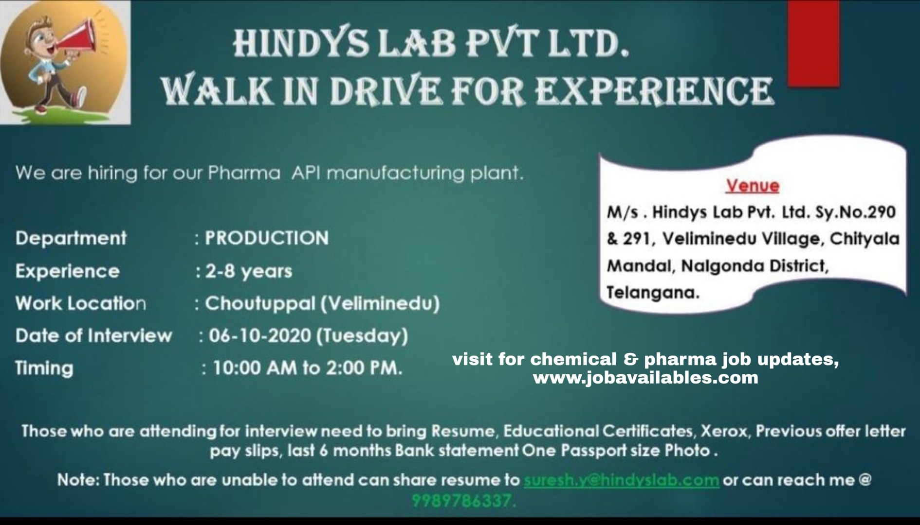 Job Availables, Hindys Lab Pvt Ltd Walk-In Drive for Production on 6th October 2020