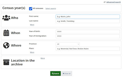 Screen capture of the new Library and Archives Canada Census Search (beta) screen taken on 20 Nov 2022.