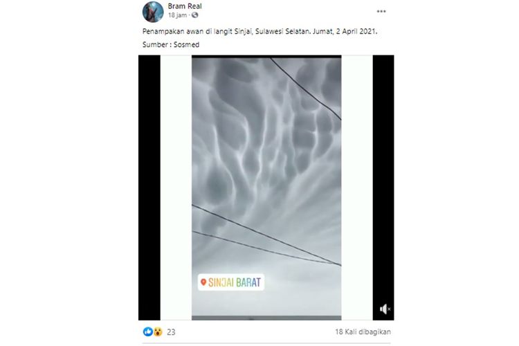 Penampakan awan berbentuk gumpalan, BMKG menyebut awan ini adalah awan mammatus.(FACEBOOK.com/WUKIR TENGAHING SEGORO)