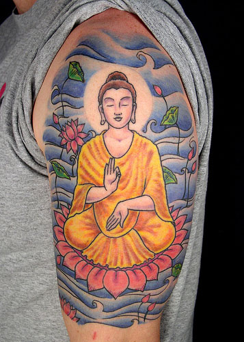 Religious tattoo Buddha tattoo design on arm sleeves